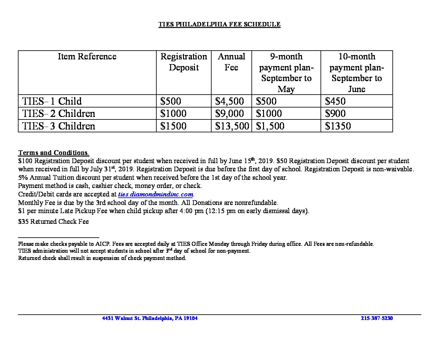 TIES Tuition Schedule